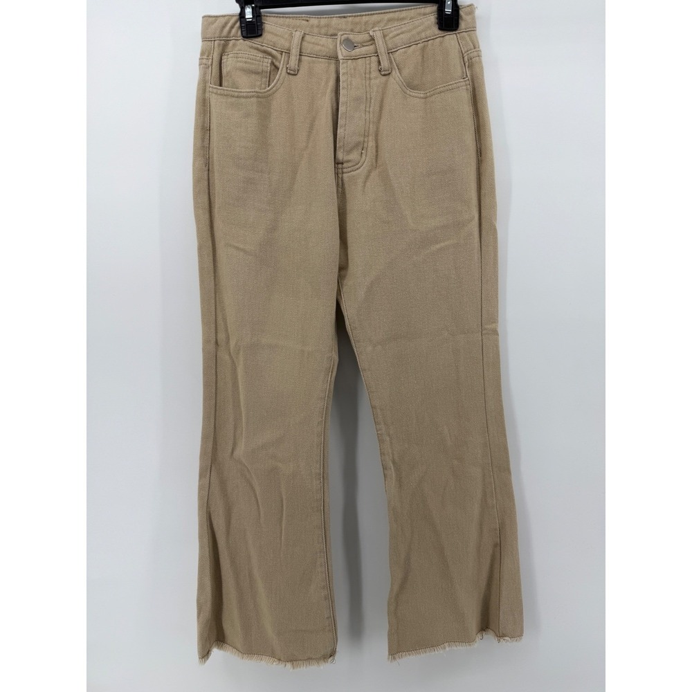 Princess Polly Tan Khaki High Waisted Flare Jeans Raw Hem Button Fly Size US 6
